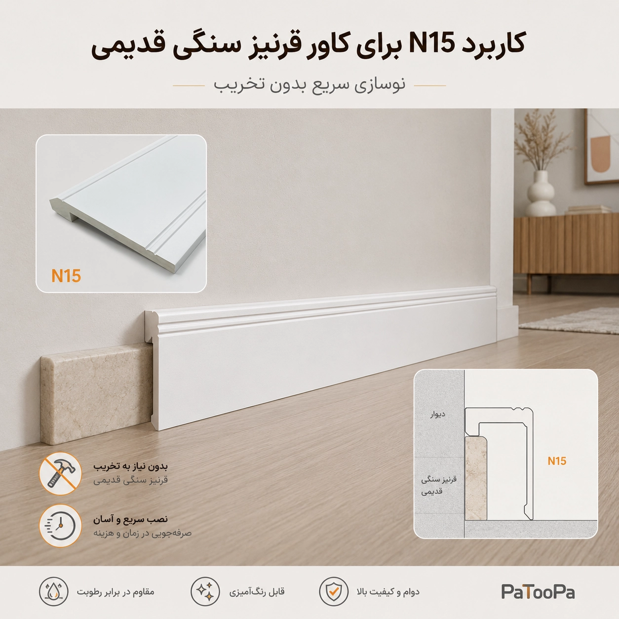 مزایای قرنیز کاور N15 برای پوشاندن قرنیز سنگی قدیمی
