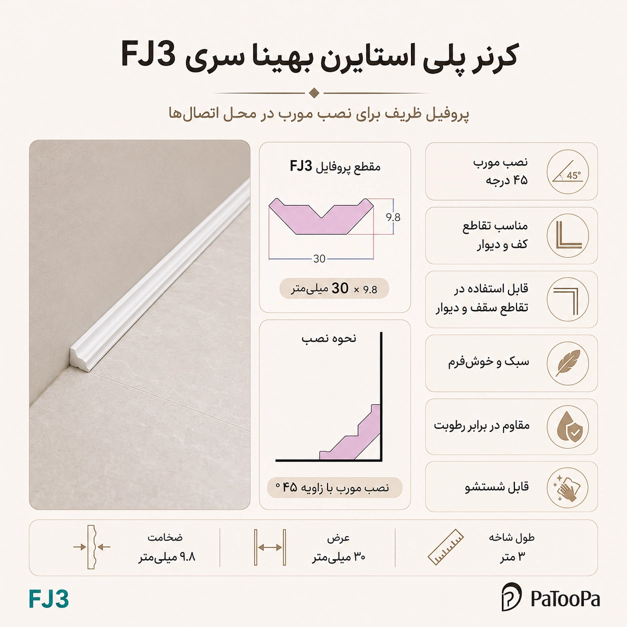 کرنر پلی استایرن بهینا سری FJ3 با نصب مورب 45 درجه