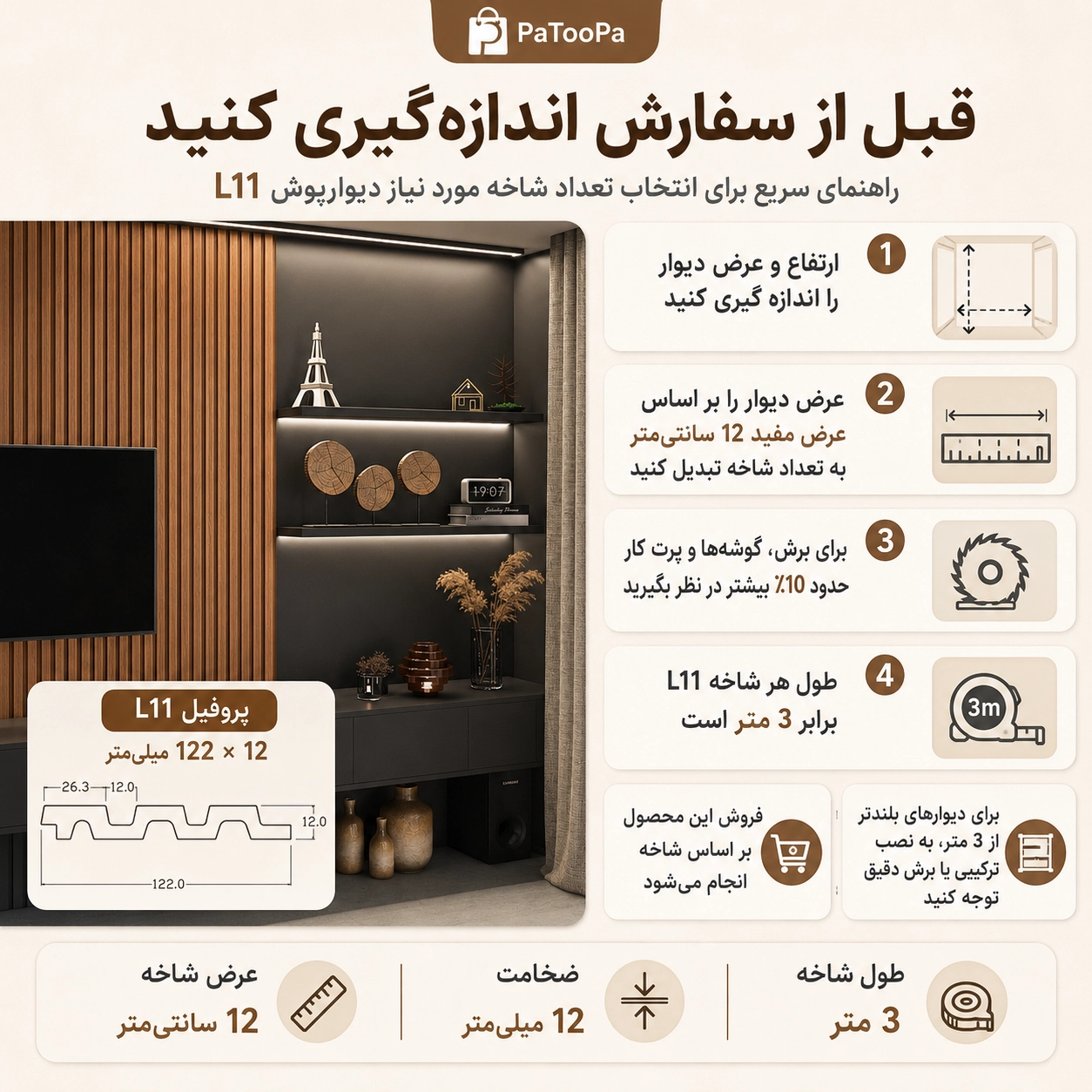 راهنمای اندازه گیری دیوار برای دیوارپوش لوور L11