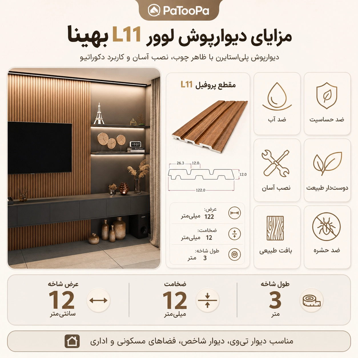 مزایای دیوارپوش لوور پلی استایرن بهینا سری L11